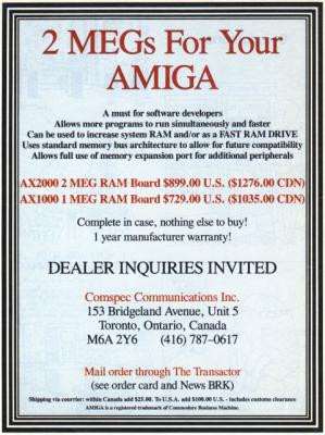 [Advertisement: 2 MEGs For Your Amiga by Comspec Communications Inc.]